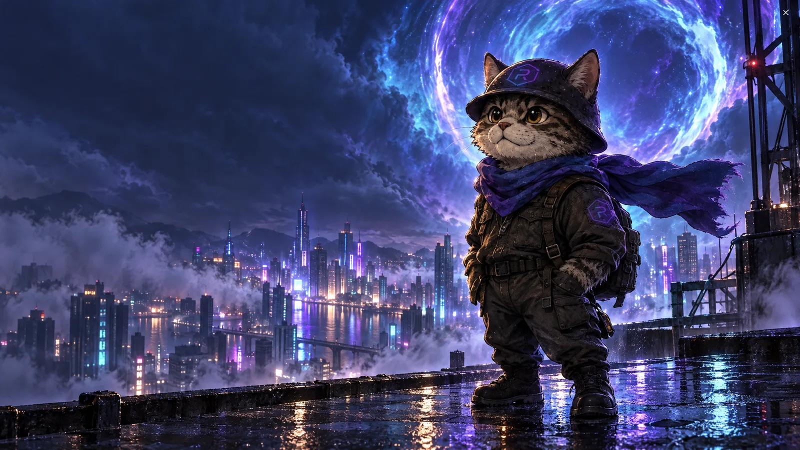 Raycat’s purple cinematic city artwork